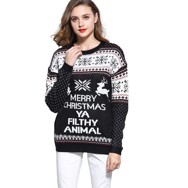 Women Christmas Printing Round Neck Sweater